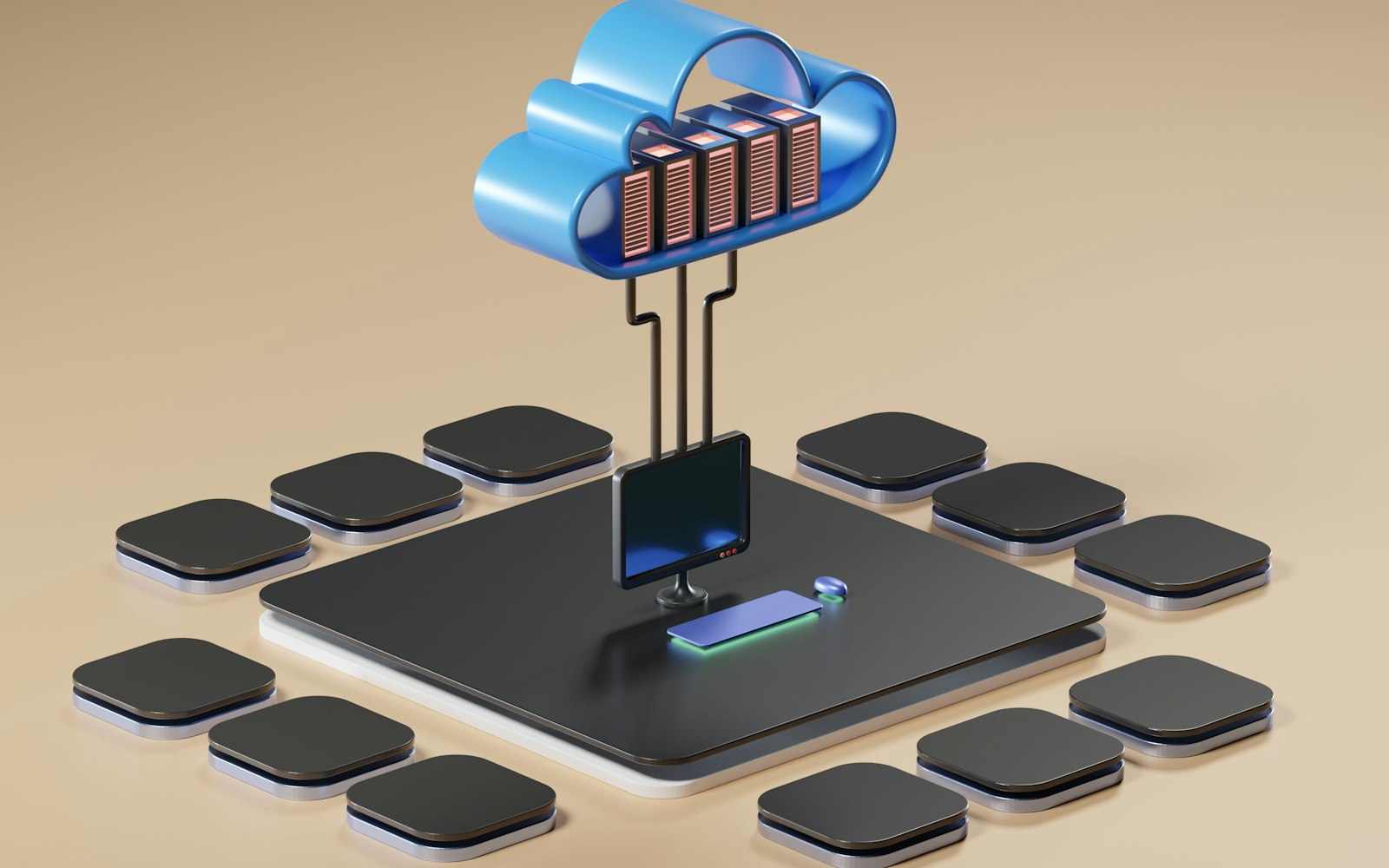 Cloud-Kosten senken: 3D-Grafik zum Thema Cloud-Computing mit vernetzten Elementen