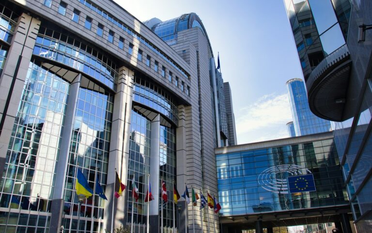 Gebäude des Europäischen Parlaments mit Fahnen, Symbolbild zu KI-Omnibus